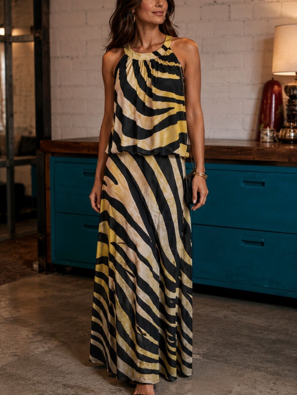 Chicos Golden Zebra Print Sleeveless Layer Maxi Dress, Animal Print, sz 1